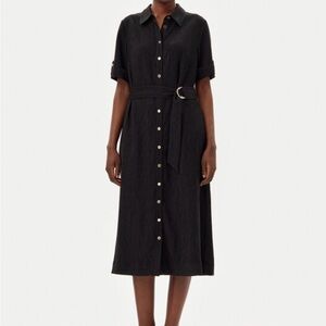 OLSEN Classic Black Textured Shirt Midi Dress with D-Ring Self Tie Belt Minim L